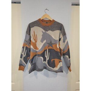 TWO 2 FLY Sweater Sz S/M Crewneck Horses Oversized Knit Pullover Cowboy Western